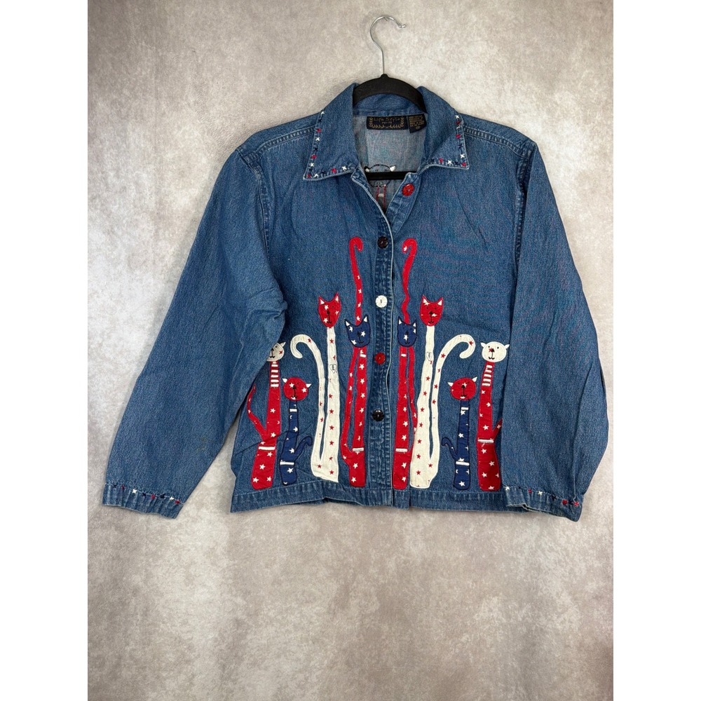 VTG‎ Life Style Petite Denim Shirt Womens Patriotic Cat Applique Button Up Sz PM